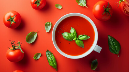 Fototapeta premium Top view of tomato soup in white bowl with fresh basil and whole tomatoes on red background