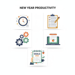 New Year Productivity Icon Set Clocks, Checklists, Gears, Laptops, Planning