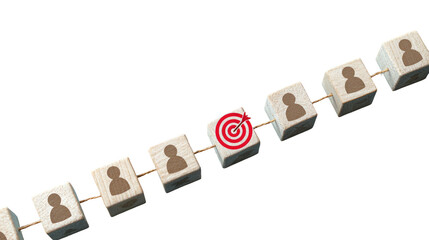 Wooden blocks connected by strings, each with a person silhouette, one with a red target