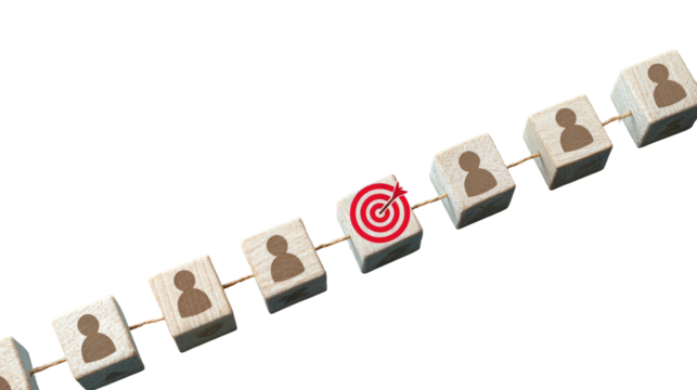 Wooden blocks connected by strings, each with a person silhouette, one with a red target