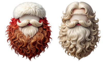 Holiday Costume Beard Bundle Featuring Curly Santa Beard and Long Flowing Variation, isolated on transparent background