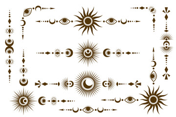 Celestial border line with magic stars. Vector tarot frame with mystic pattern. Elegant divider with sun and astral symbols. Spiritual vintage corners on white background.