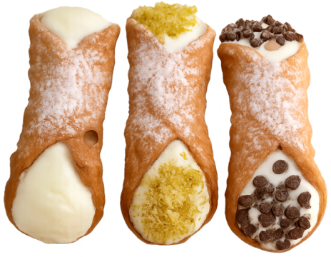 Three classic Italian cannoli with ricotta filling, pistachio, and chocolate chips, dusted with icing sugar isolated on transparent background.