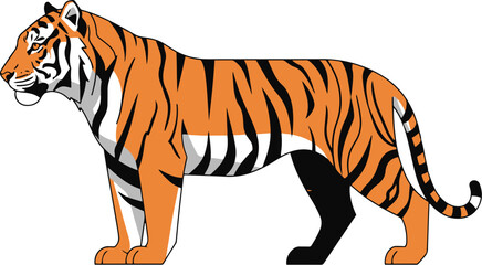 A majestic Tiger illustration standing firmly in a classic, alert side profile.  © Muntaha Studio