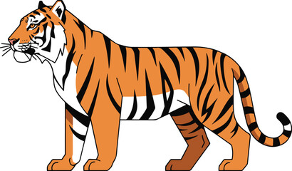 A majestic Tiger illustration standing in a proud side profile pose, rendered with a strong, traditional cartoon style.