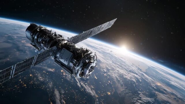 Close-up 3D render of a futuristic satellite orbiting Earth, solar panels extended, sunlight reflecting off metallic surface, Earth's curvature below, glowing atmosphere, stars in the background