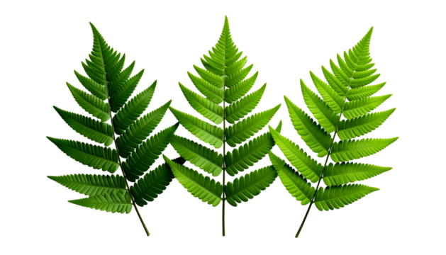 Three vibrant green fern fronds, detailed and symmetrical, against a black background