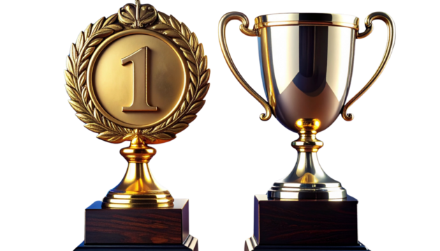 Ornate Gold Trophy Cup with Number One Symbol and Silver Award Variation, isolated on transparent background