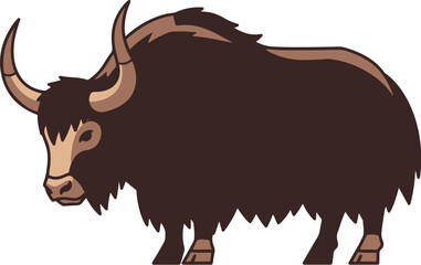A stylized Yak illustration standing in profile, depicted with its characteristic long, shaggy dark brown fur and curved horns. The design is a simple, bold, and modern cartoon style.