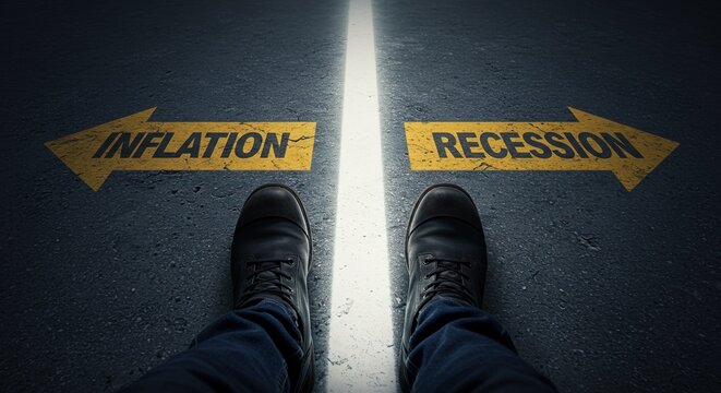 Economic crossroads A difficult choice between persistent inflation and the looming threat of recession, symbolizing global market uncertainty