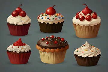 Six delicious cupcakes with frosting and toppings on a dark background