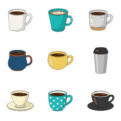 set of coffee cup colorful vector design, coffee, cup, tea, vector, mug, drink, icon, cafe, set, illustration, hot, espresso, beverage, cappuccino, symbol, glass, silhouette, latte, design