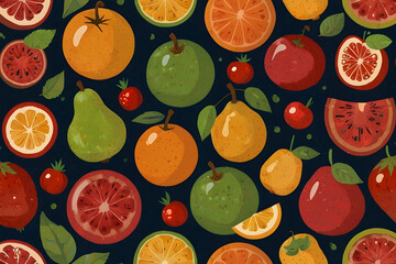 Vibrant assortment of fresh fruits and leaves on a dark background