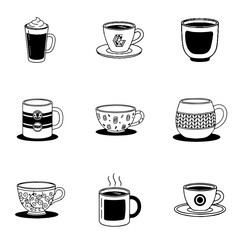 set of coffee cup Black and White vector design, coffee, cup, tea, vector, mug, drink, icon, cafe, set, illustration, hot, espresso, beverage, cappuccino, symbol, glass, silhouette, latte, design