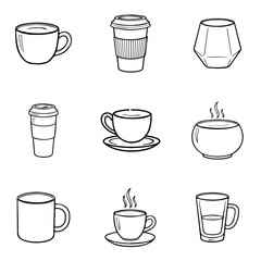 set of coffee cup line art vector design, coffee, cup, tea, vector, mug, drink, icon, cafe, set, illustration, hot, espresso, beverage, cappuccino, symbol, glass, silhouette, latte, design