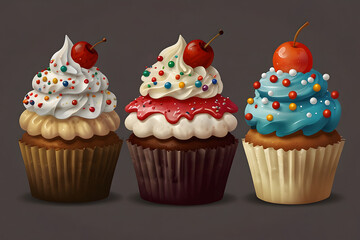 Three colorful frosted cupcakes with cherries and sprinkles on a dark background