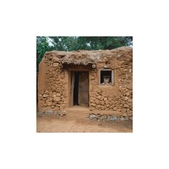 Traditional Mud House with Wooden Door and Small Window | Rural Village Architecture.