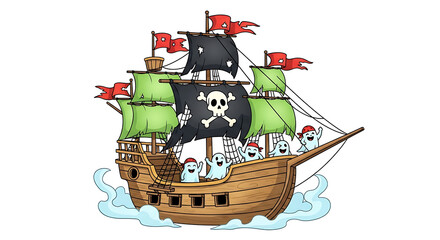 Cartoon Pirate Ship with Ghost Sailors on the Sea