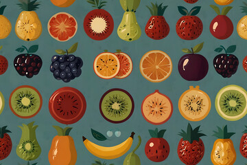 Seamless pattern of colorful sliced and whole fresh fruits on a teal background