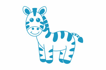 Cartoon baby zebra stands with a smile, outlined in bold blue against a white background
