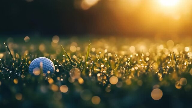 Bright golf ball decoration shining on green grass with artistic bokeh