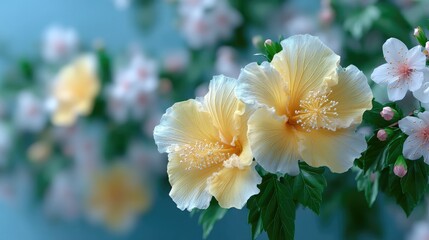 Obraz premium Vibrant Yellow Hibiscus Flowers with Delicate White Blooms on Teal Background with Soft Focus and Green Foliage for Floral Beauty