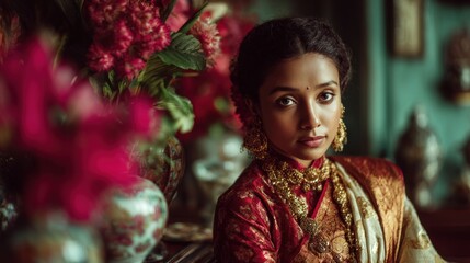 Fototapeta premium Elegant woman in traditional Indian attire amid vibrant floral arrangements
