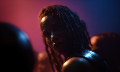 Obraz premium A cinematic still of a beautiful black woman with dreadlocks in cyberpunk-inspired at a club