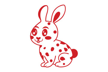 Cartoon bunny with red spots smiles sweetly and sits upright in a charming pose