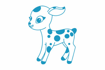 Cartoon fawn, uniquely blue with spots, is standing on a white background