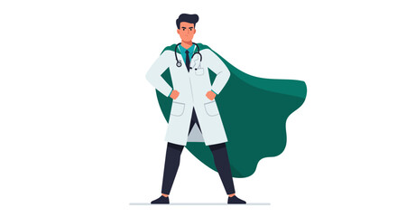 A cartoon doctor wearing a cape stands powerfully with hands on hips