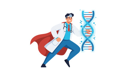 A doctor dressed as a superhero standing next to a DNA strand