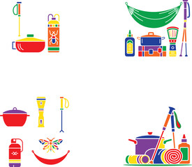 Obraz premium Colorful camping gear and insect repellent cooking pot