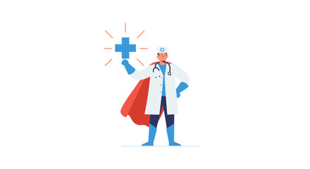 A doctor in a superhero costume holds a plus sign