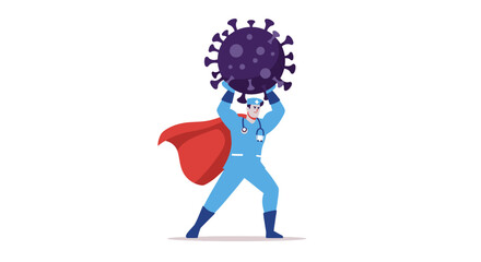 A doctor superhero in scrubs lifts a coronavirus ball above his head cape billowing © FRIDA STORE