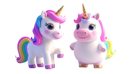 Fototapeta premium Smiling 3D Cartoon Unicorn with Sparkling Eyes and Rainbow Mane Variation, isolated on transparent background