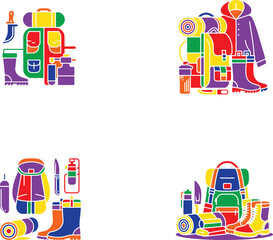 Colorful camping gear collection backpack boots