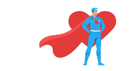 A superhero doctor with stethoscope and a heart cape stands confidently © FRIDA STORE
