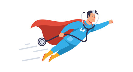 A superhero doctor soars in a blue uniform and red cape stethoscope around his neck with action streaks behind him