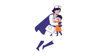 A superhero nurse in a cape hugs a child while flying upwards