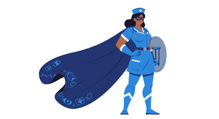 A superhero nurse stands with cape mask  shield personifying strength  healthcare © FRIDA STORE