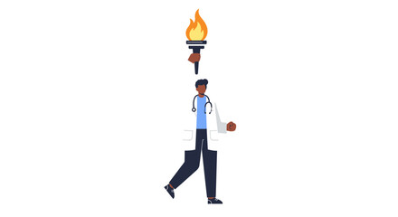 Fototapeta premium Doctor in white coat walking with a torch above his head