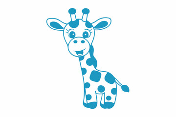Cartoon giraffe with blue spots stands and smiles cheerfully on a white background