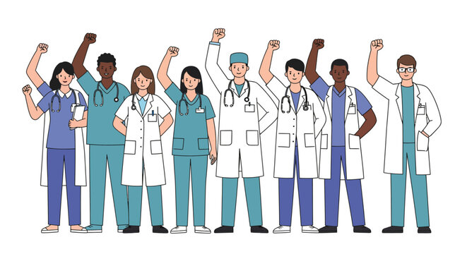 Group of healthcare workers with raised fists in blue and white scrubs and coats