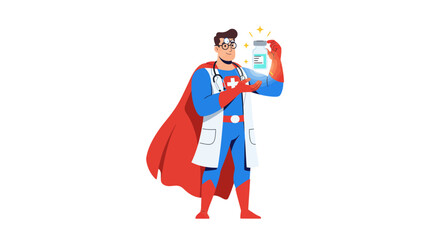 Superhero doctor holds vaccine bottle wearing cape and stethoscope