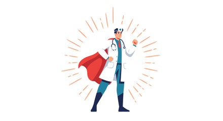 Superherodoctor stands tall radiating strength with a red cape and white coat