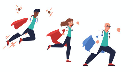Three doctors wearing capes pose as superheroes against a plain background