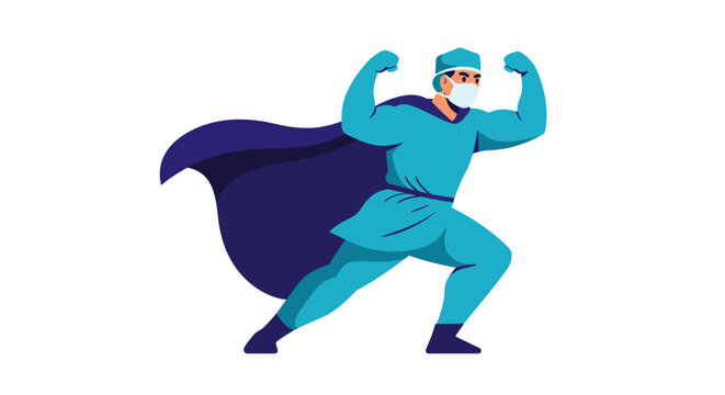 Superhero doctor in teal scrubs  mask with flexing biceps wearing a dark blue cape