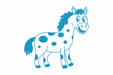 Cartoon horse with blue outline and spots smiles on the white background
