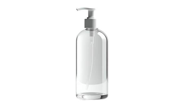 Clear plastic pump bottle, vertical oval shape, white pump top